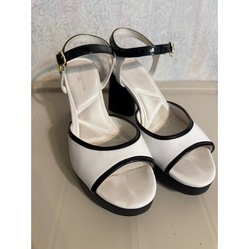 Karl Lagerfeld Paris Hallet Black White Platform Block Heel Sandals Size 8M
